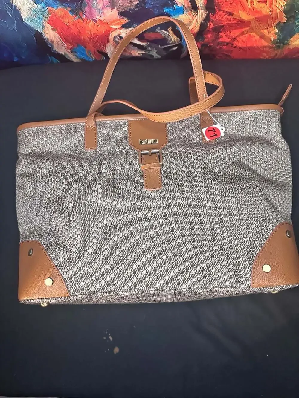 No.71 Hartmann Geometric print pattern shoulder bag tan brown leather trim